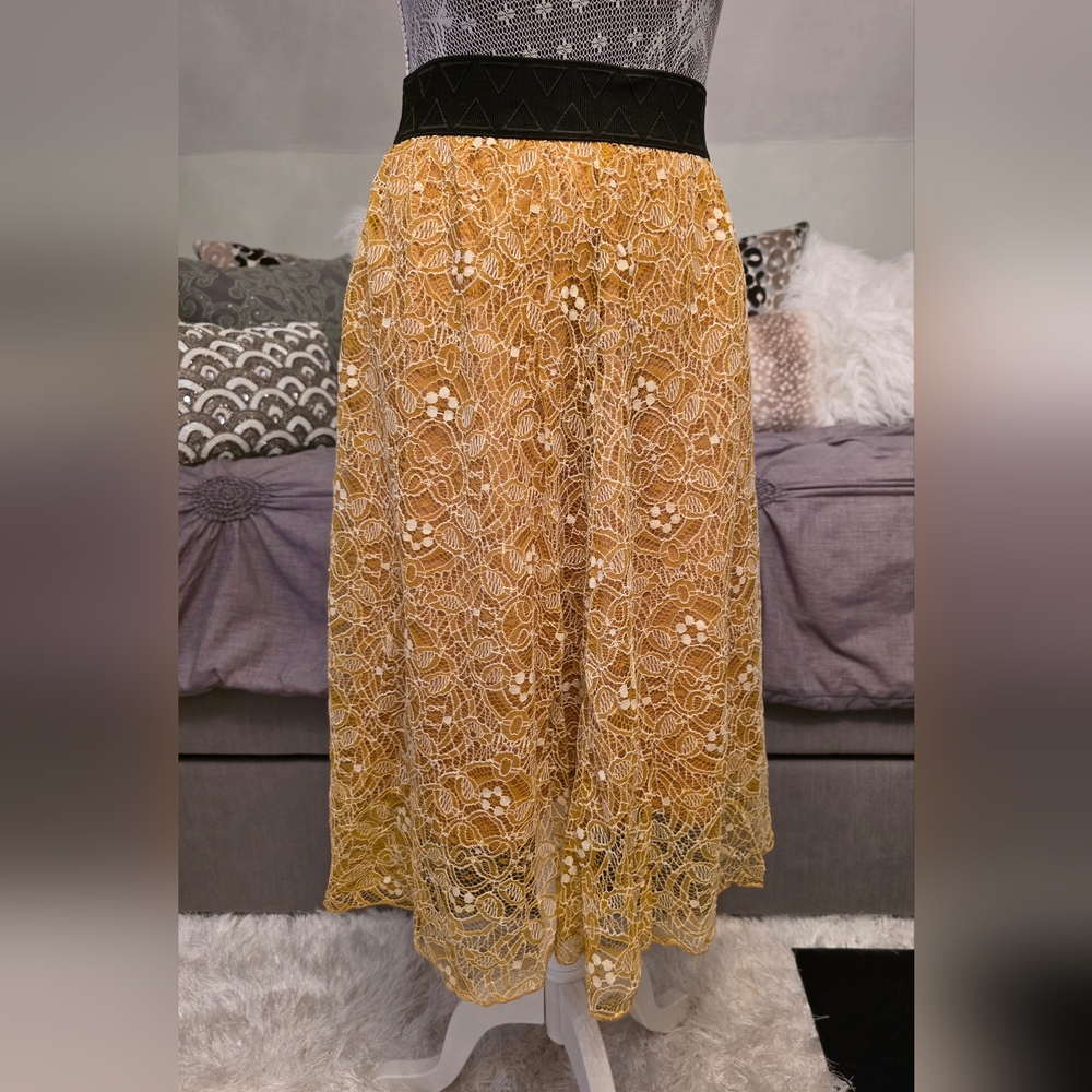 LuLaRoe Lace Midi Skirt in Gold Lace